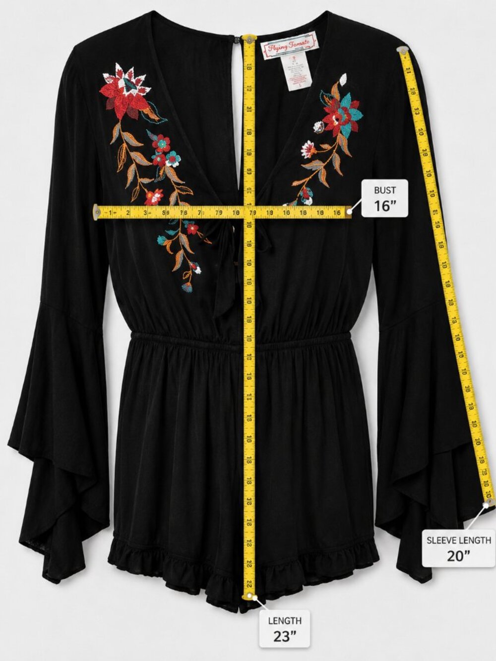 Boho Embroidered Black Romper Bell Sleeve Festival Style Small - Picture 4 of 9